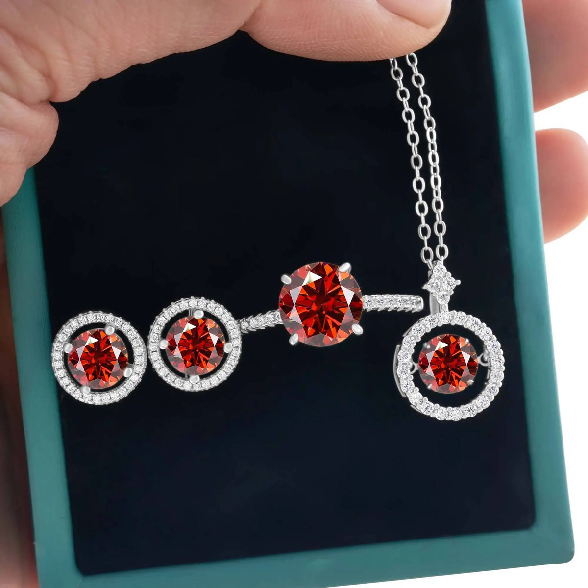 Moissanite Halo Necklace & Earrings with Solitaire Ring Set