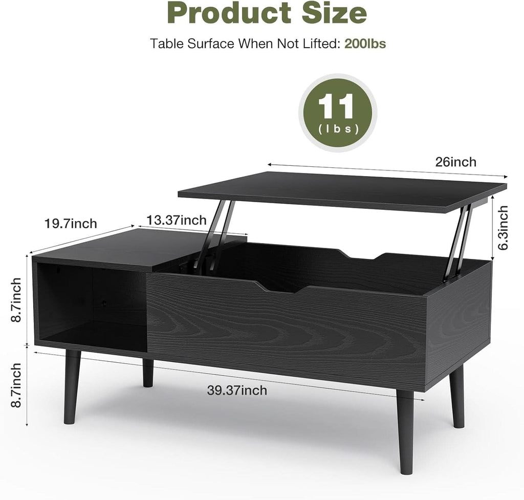 Black Wood Lift Top Coffee Table With Hidden Compartment