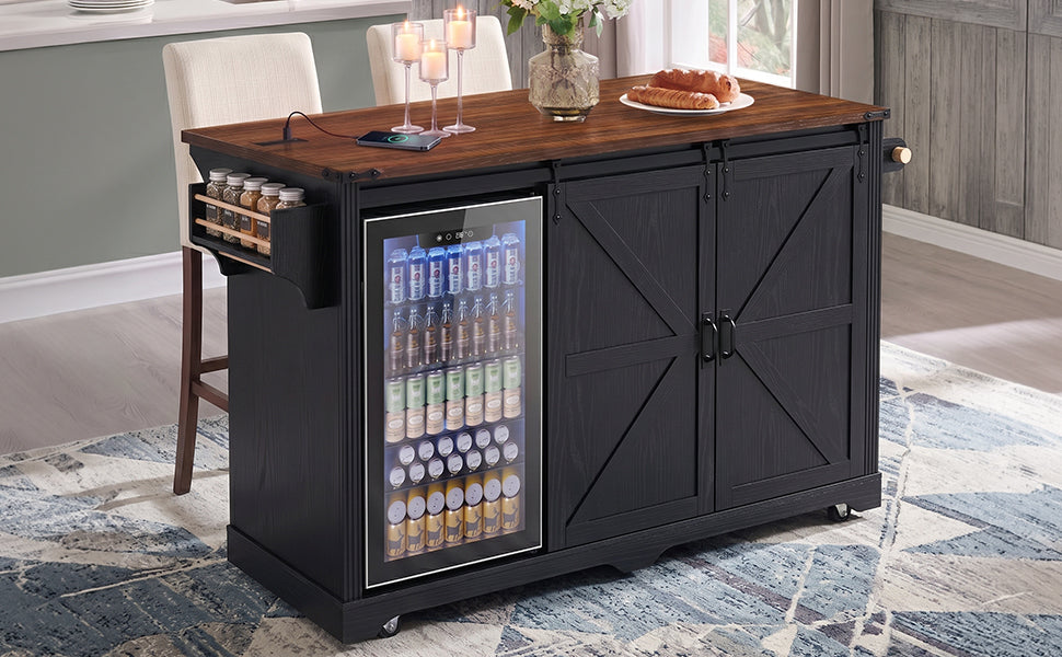 72" Farmhouse Kitchen Island with Fridge Storage & Power Outlet - Black