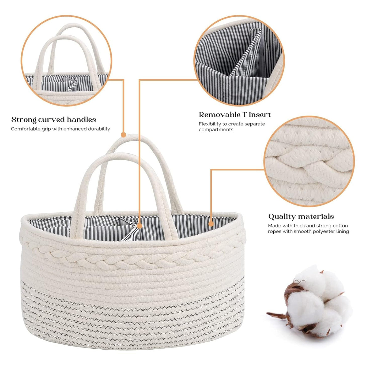 Diaper Caddy Organizer, Large Cotton Rope Nursery Baby Basket, Changing Table Organizer For Baby Diaper Storage, Portable Car Organizer With Removable Divider, Baby Shower Gifts