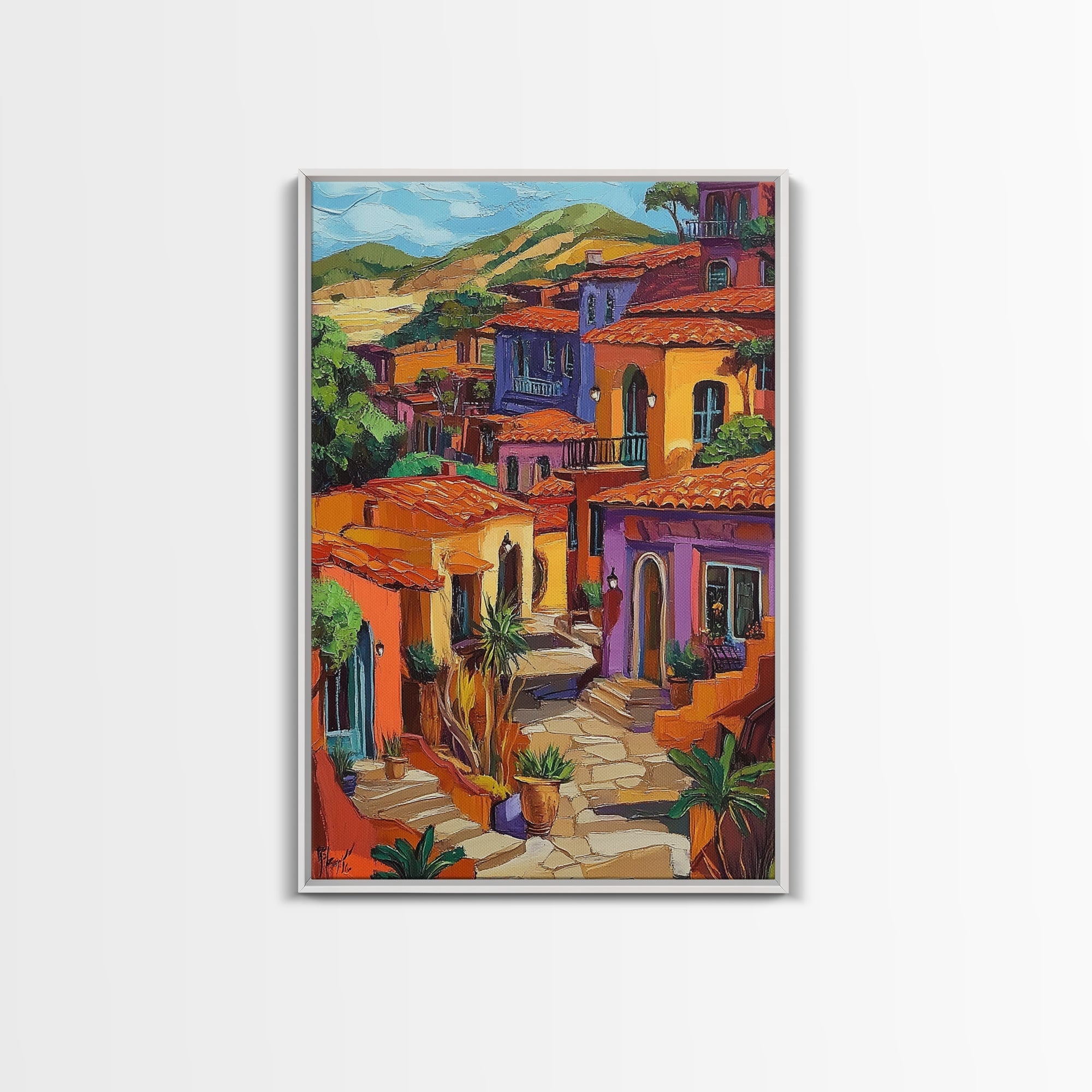 Village Warm Colorful, Spanish, Framed Canvas Print colorful village scene, rustic Mediterranean decor, patio wall art, boho sunset print