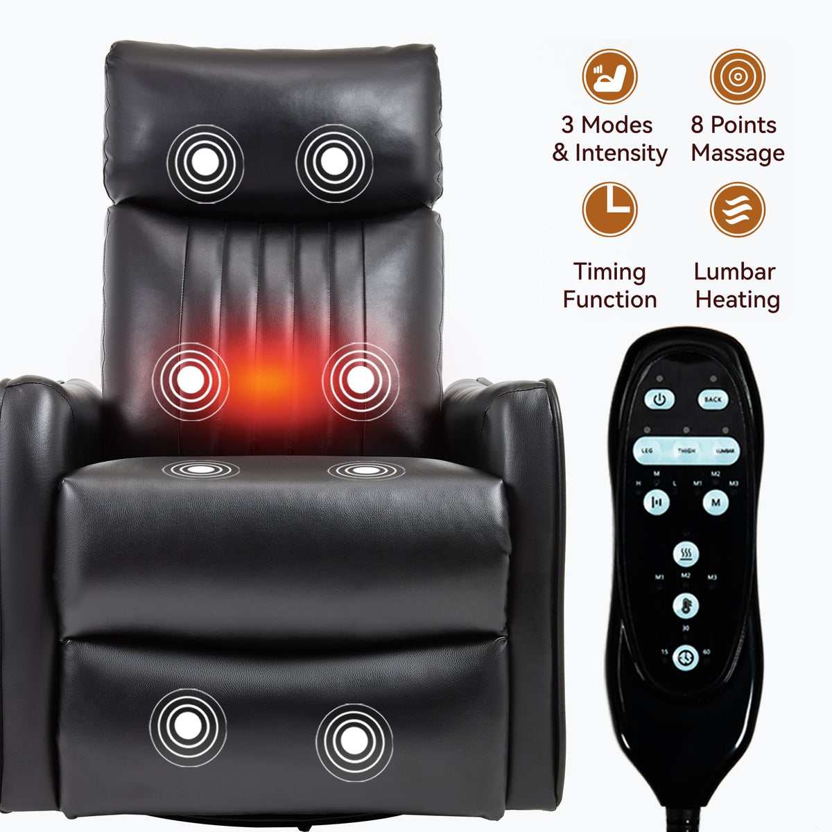 Black Faux Leather Recliner Chair with Heat & Massage - Manual Recliner