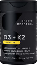 Sports Research® Vitamin D3 + K2 w/ Coconut Oil - Vegan Vitamin D 5000iu & Mk7 Vitamin K 100mcg for Bone & Immune Support - Vegan Certified · Non-GMO · Soy Free - 60 Softgels