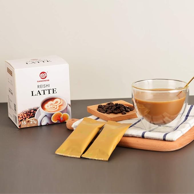 GANOHERB Reishi Mushroom Latte Coffee Powder, 4 in 1 Instant Arabica Coffee with Organic Ganoderma Lucidum Extract to Improve Appetite Stress Relief, Rich Taste Excellent Flavor, 11.1oz (15 Count)