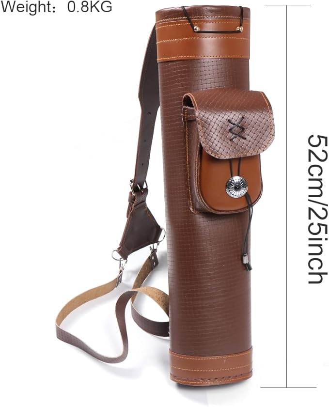 TOPARCHERY Traditional Shoulder Back Quiver Bow Leather Arrow Holder with Large Pouch Handmade Straps Belt Bag Brown