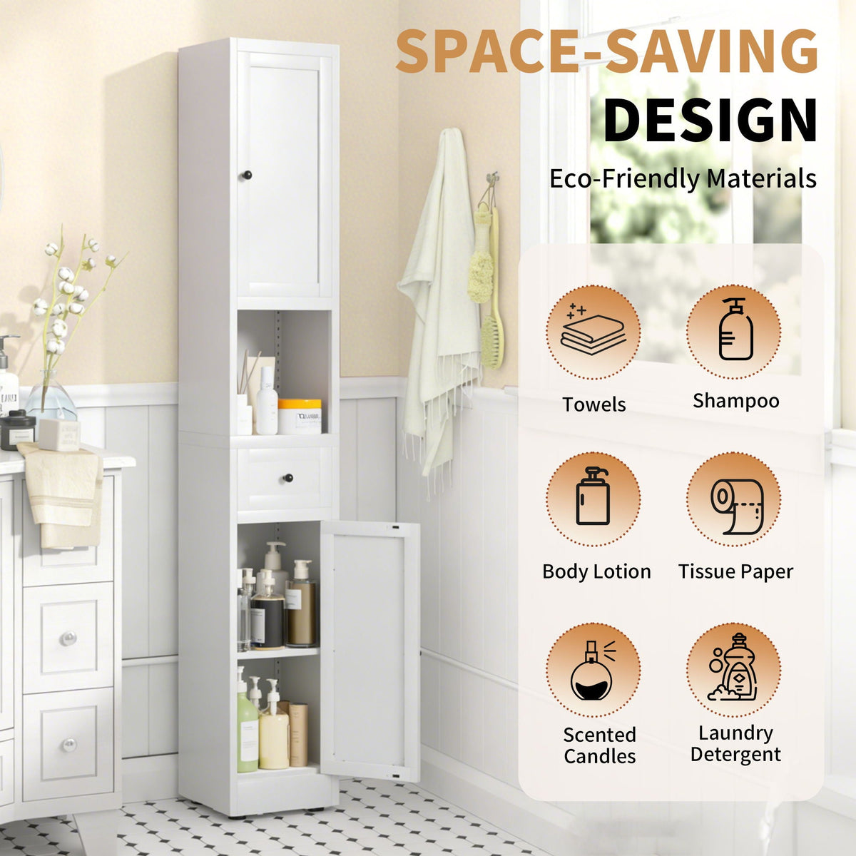Tall Bathroom Storage Cabinet, 5-Tier Narrow With 2 Doors & Adjustable Shelves, Freestanding - White