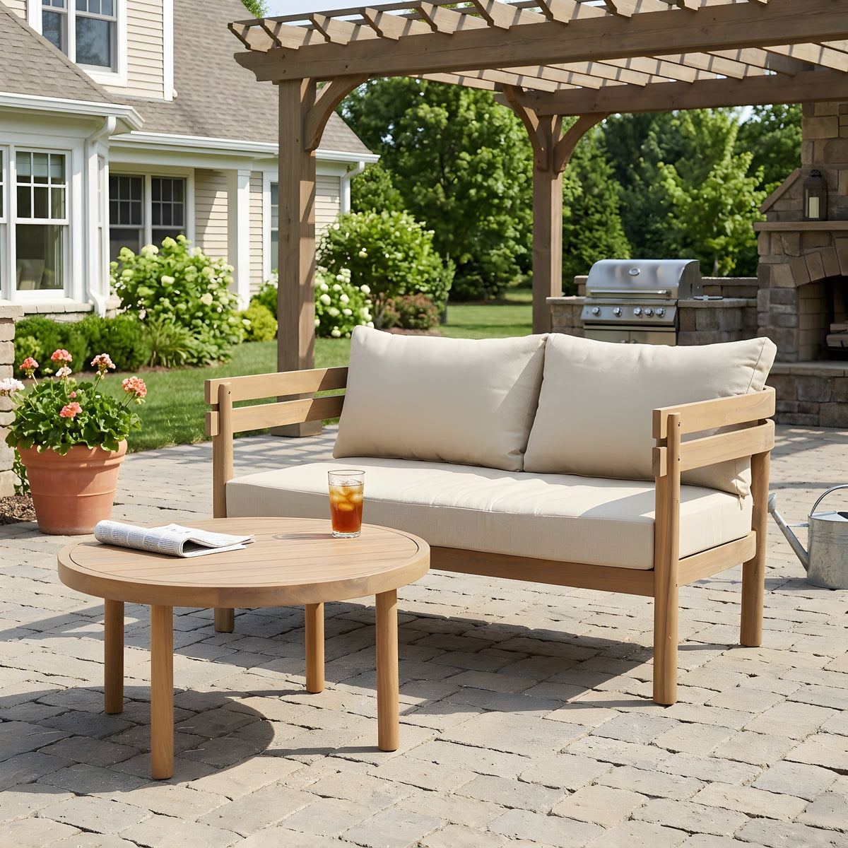 2-Piece Outdoor Acacia Wood Patio Loveseat Conversation Set