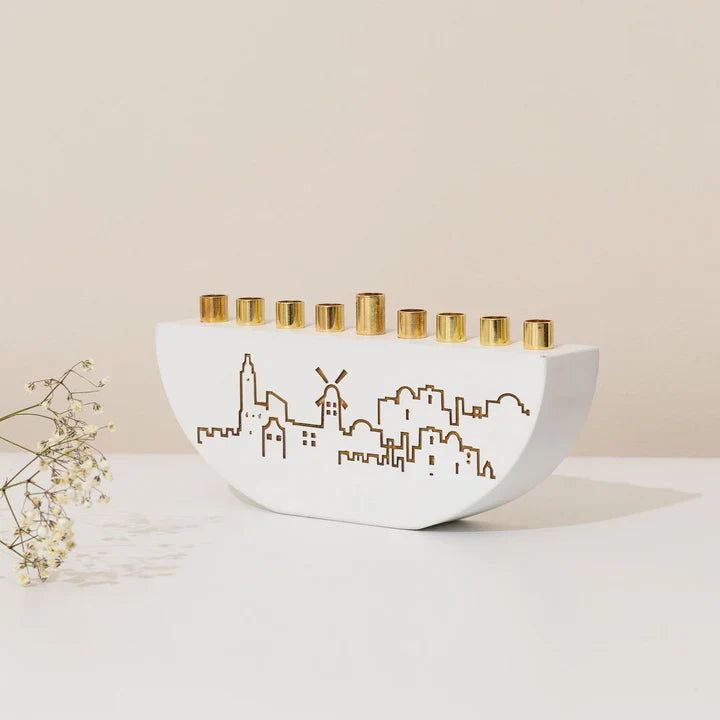 Chanukah menorah designed from real concrete - Jerusalem Outline L Series