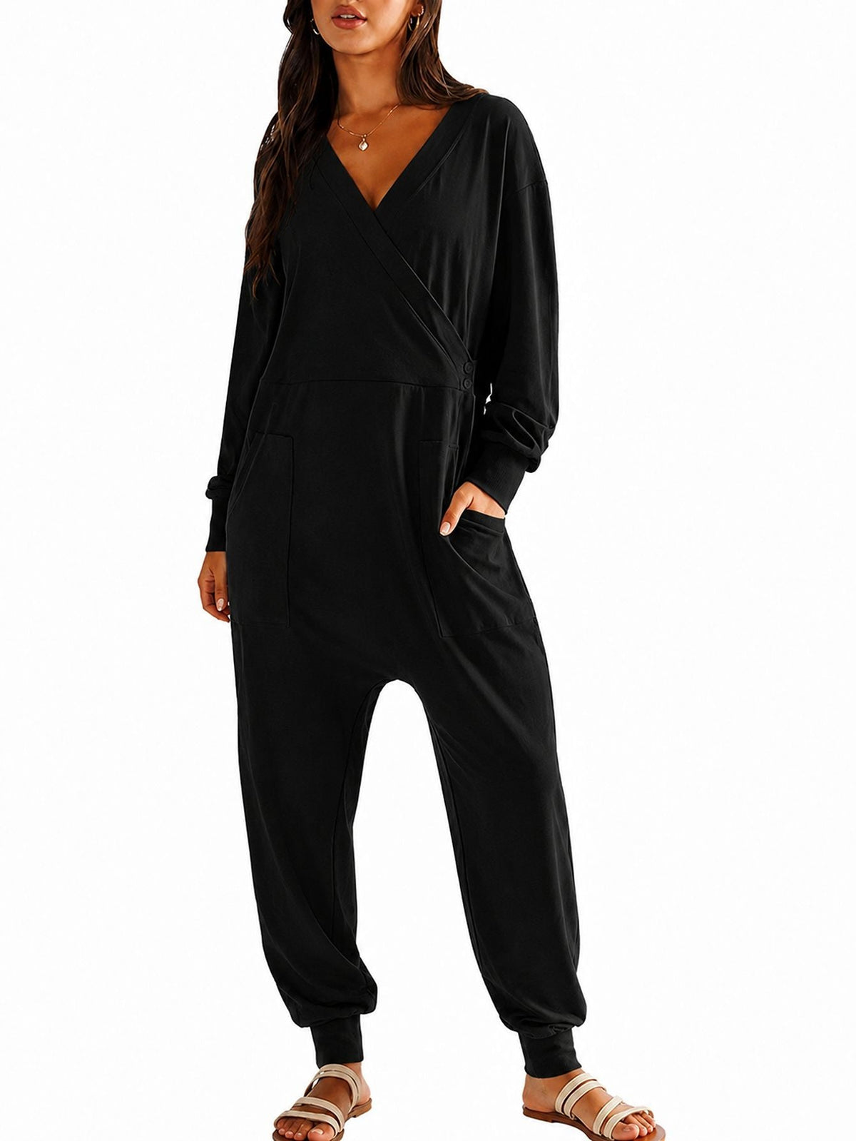 Loose-fit V-neck Casual Long-sleeve Jumpsuit