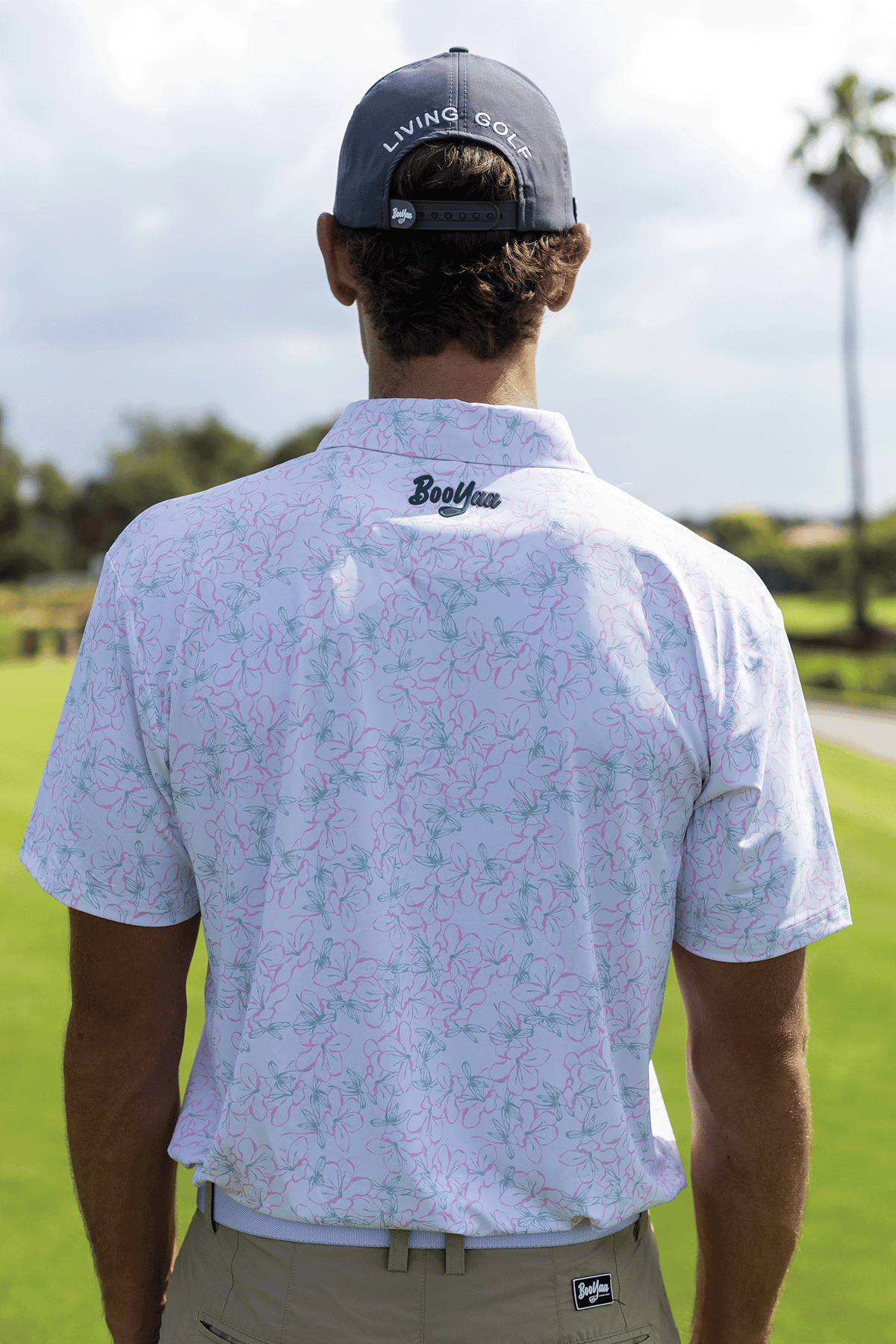 BooYaa Premium Men's Golf Polo, Rosebay White Floral Print, 4-Way Stretch, Moisture-Wicking