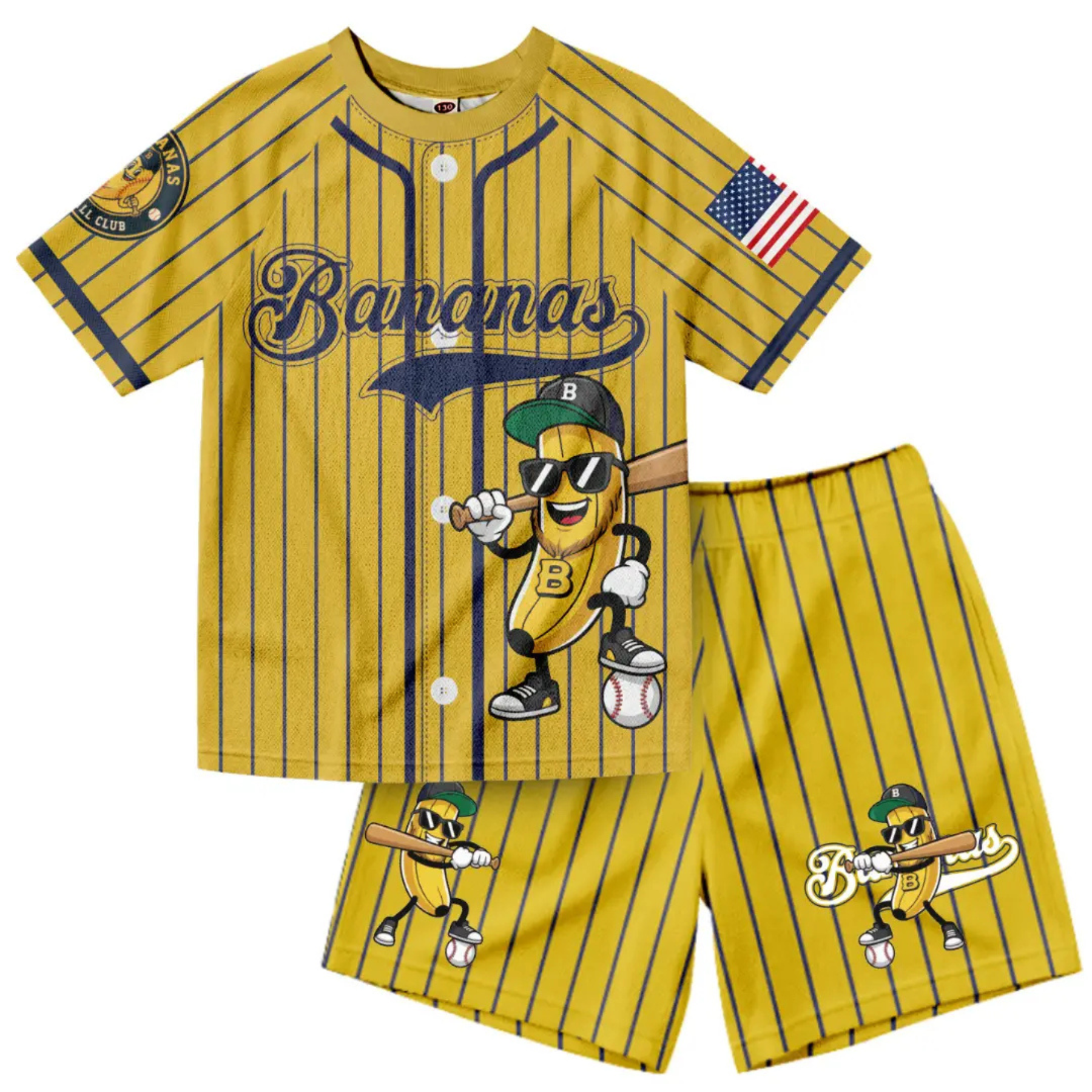 Retro Banana Dabbing American Flag Jersey Outfit – Toddler Quick-Dry Mesh Set, Patriotic 4th of July Kids Uniform