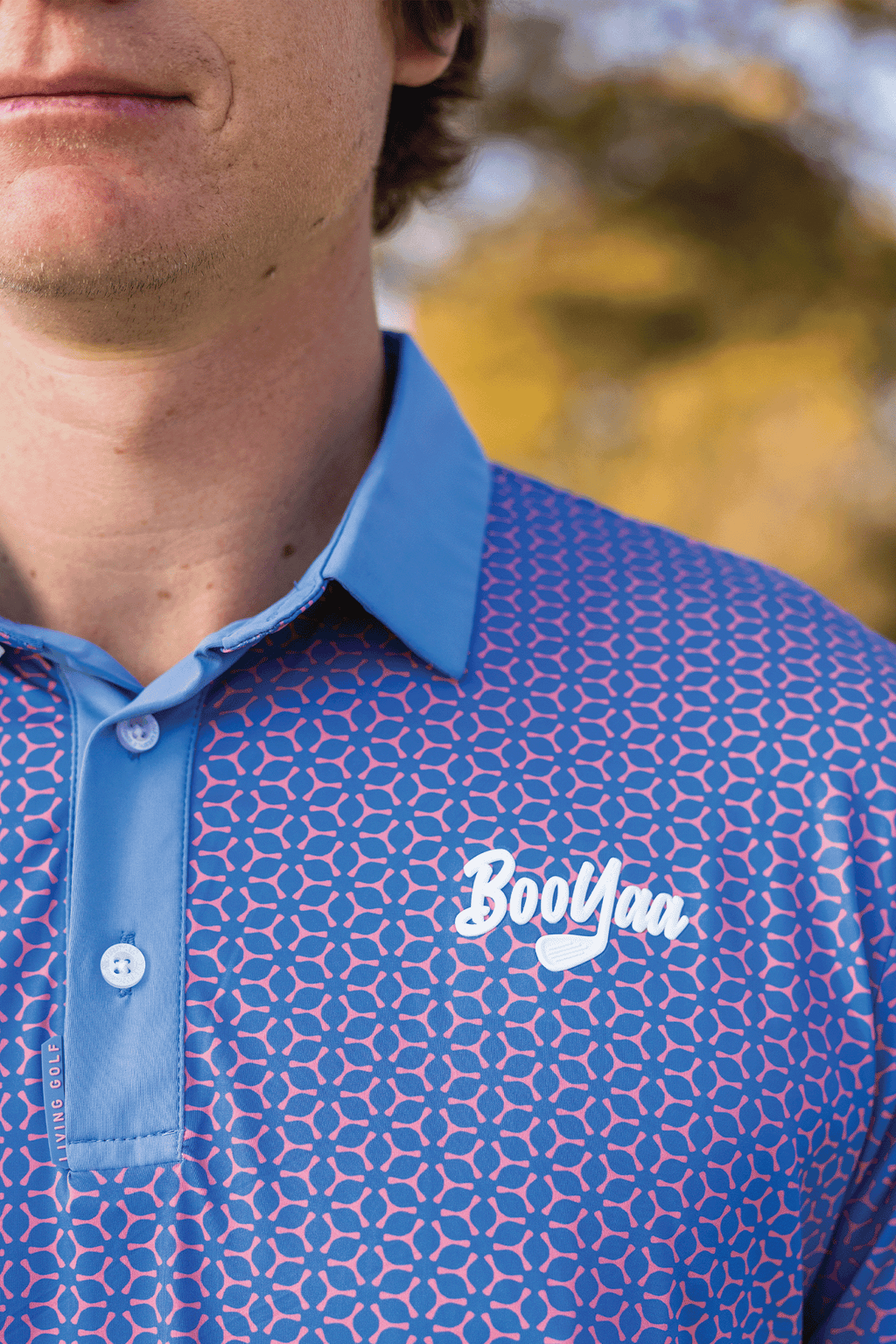 BooYaa Premium Men's Golf Polo, Fowler Pink and Blue Geometric Print, 4-Way Stretch