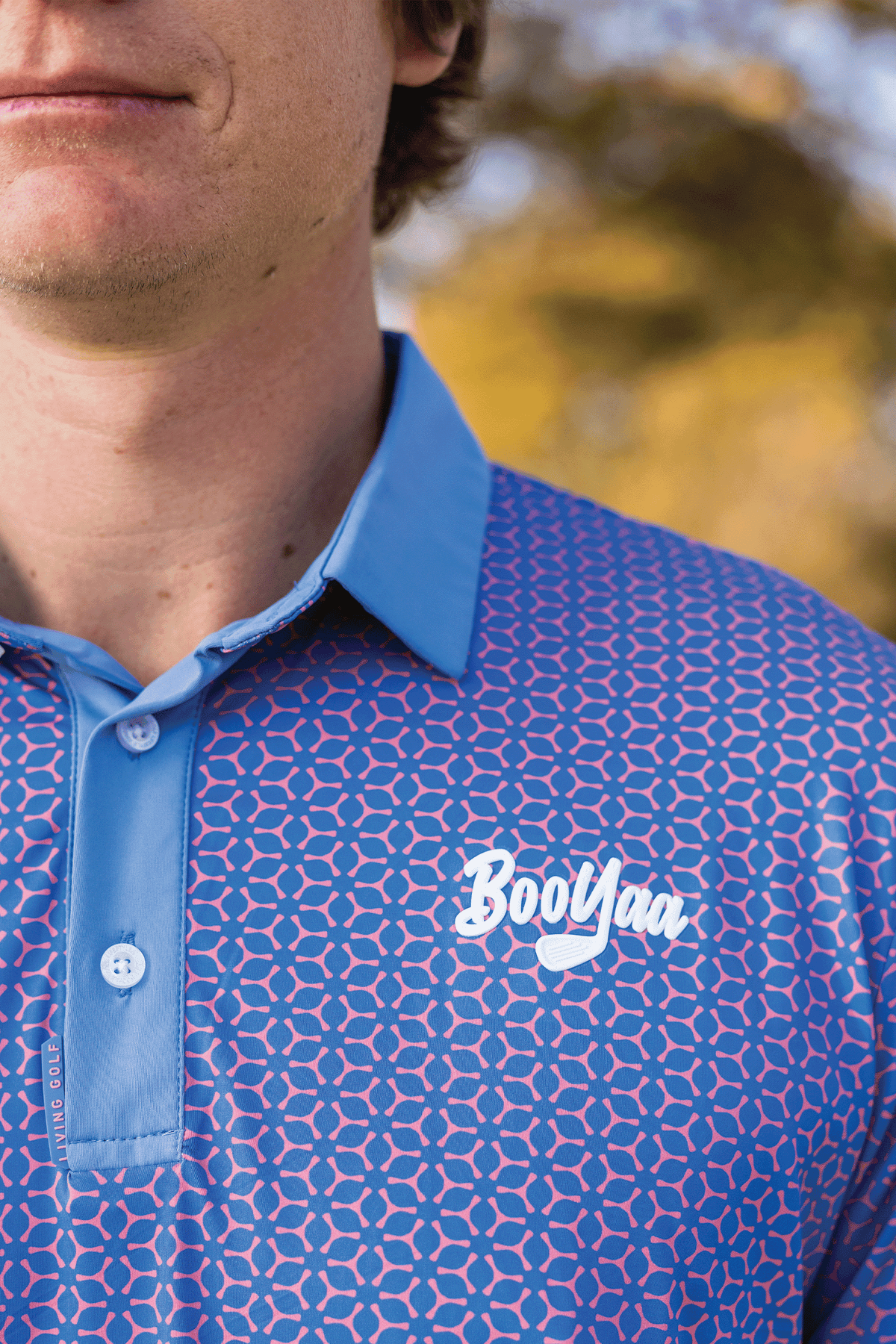 BooYaa Premium Men's Golf Polo, Fowler Pink and Blue Geometric Print, 4-Way Stretch