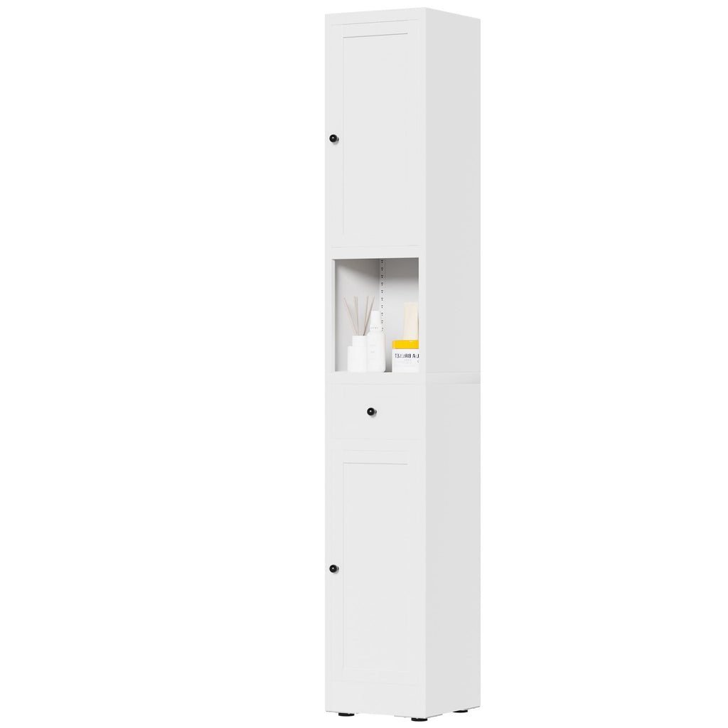 Tall Bathroom Storage Cabinet, 5-Tier Narrow With 2 Doors & Adjustable Shelves, Freestanding - White