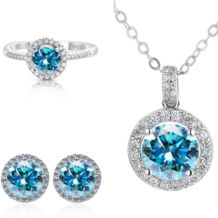 Round Halo Moissanite Necklace, Stud Earrings & Ring Set