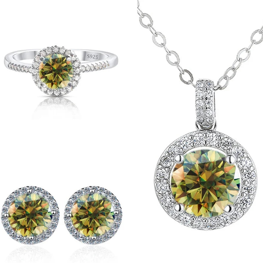 Round Halo Moissanite Necklace, Stud Earrings & Ring Set