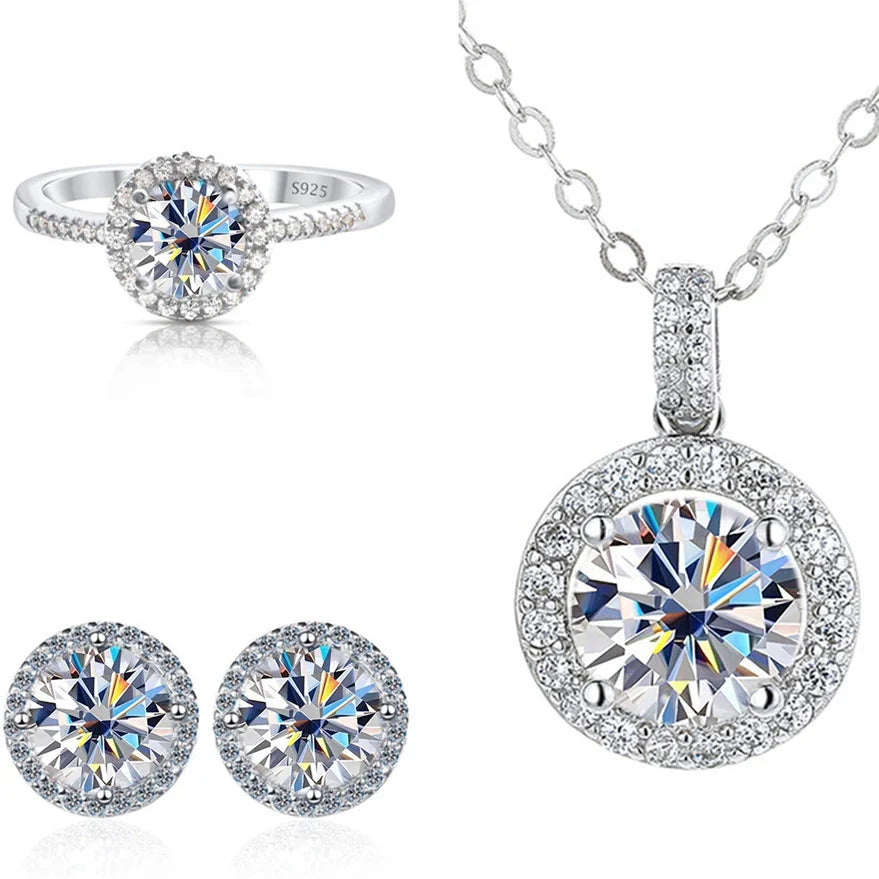 Round Halo Moissanite Necklace, Stud Earrings & Ring Set