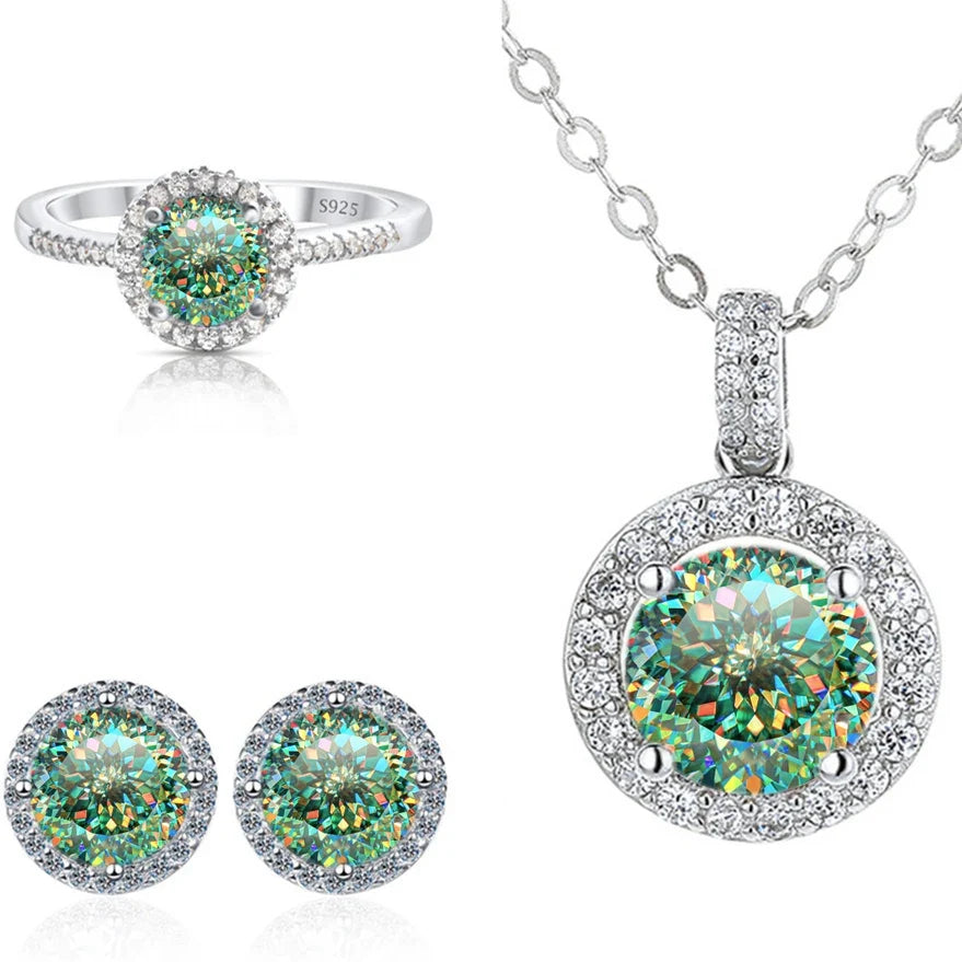 Round Halo Moissanite Necklace, Stud Earrings & Ring Set