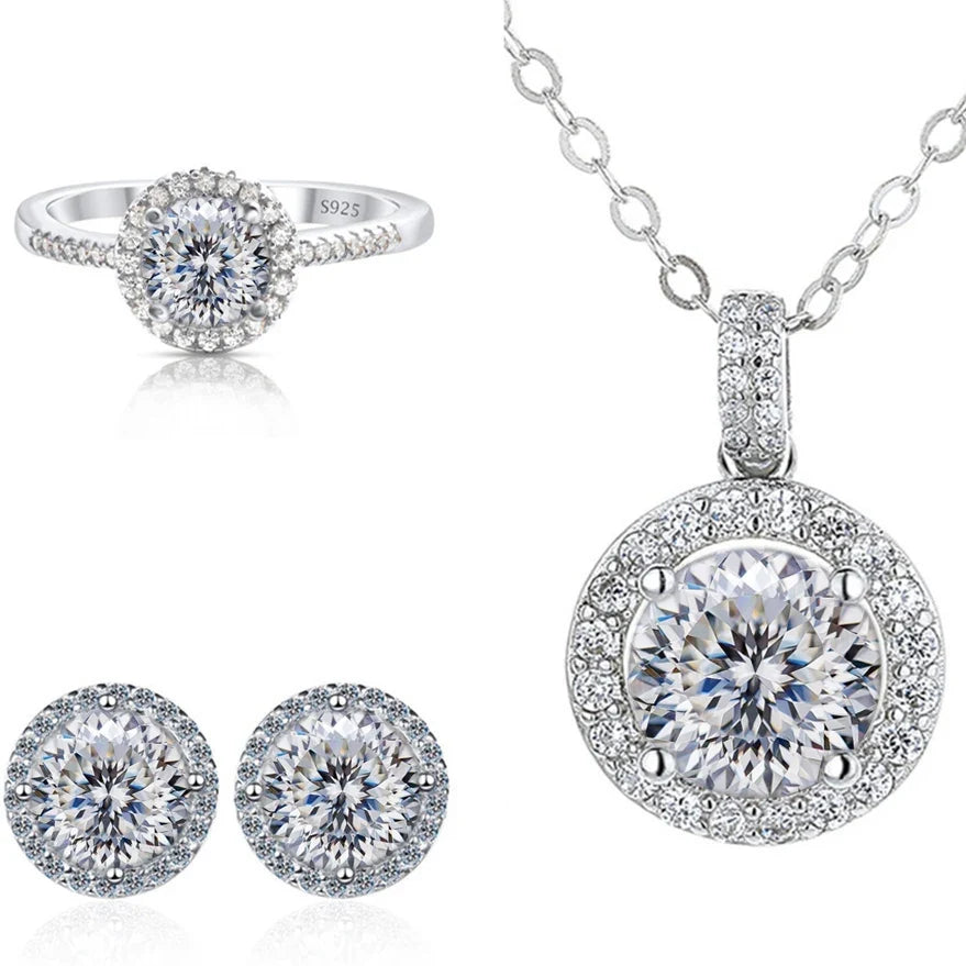 Round Halo Moissanite Necklace, Stud Earrings & Ring Set