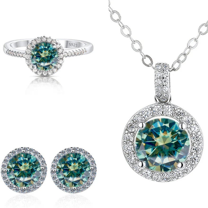 Round Halo Moissanite Necklace, Stud Earrings & Ring Set