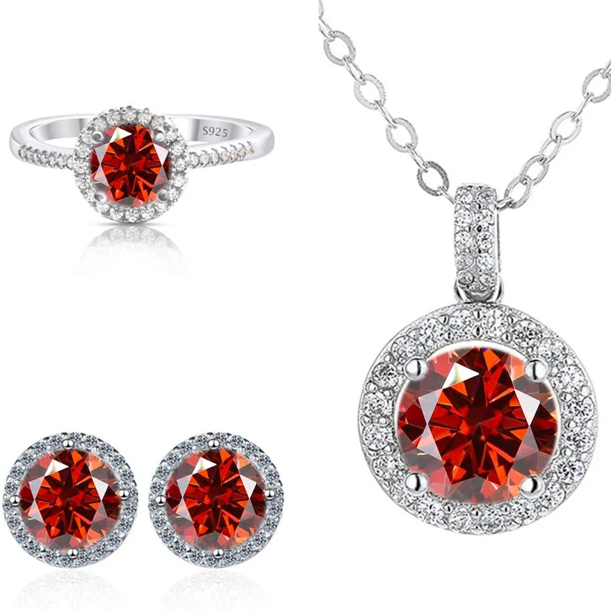 Round Halo Moissanite Necklace, Stud Earrings & Ring Set