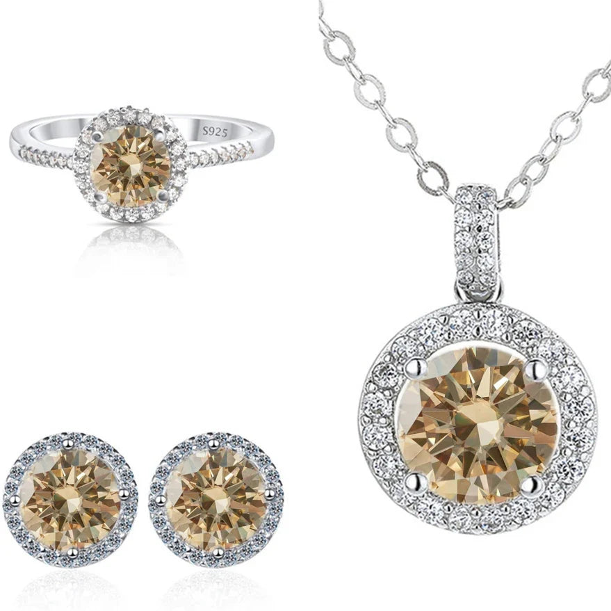 Round Halo Moissanite Necklace, Stud Earrings & Ring Set