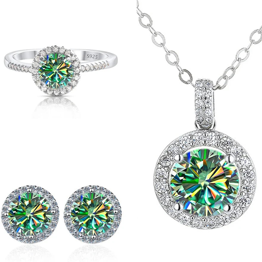 Round Halo Moissanite Necklace, Stud Earrings & Ring Set