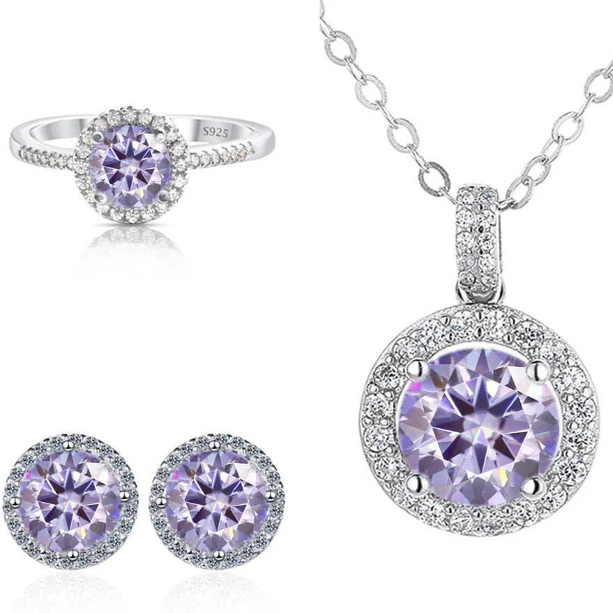 Round Halo Moissanite Necklace, Stud Earrings & Ring Set