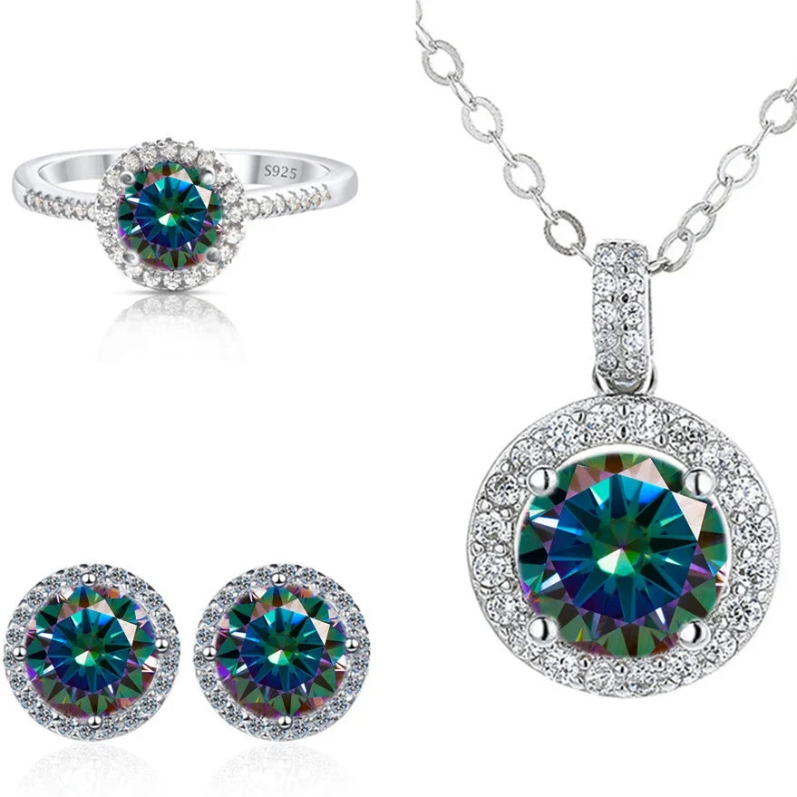 Round Halo Moissanite Necklace, Stud Earrings & Ring Set