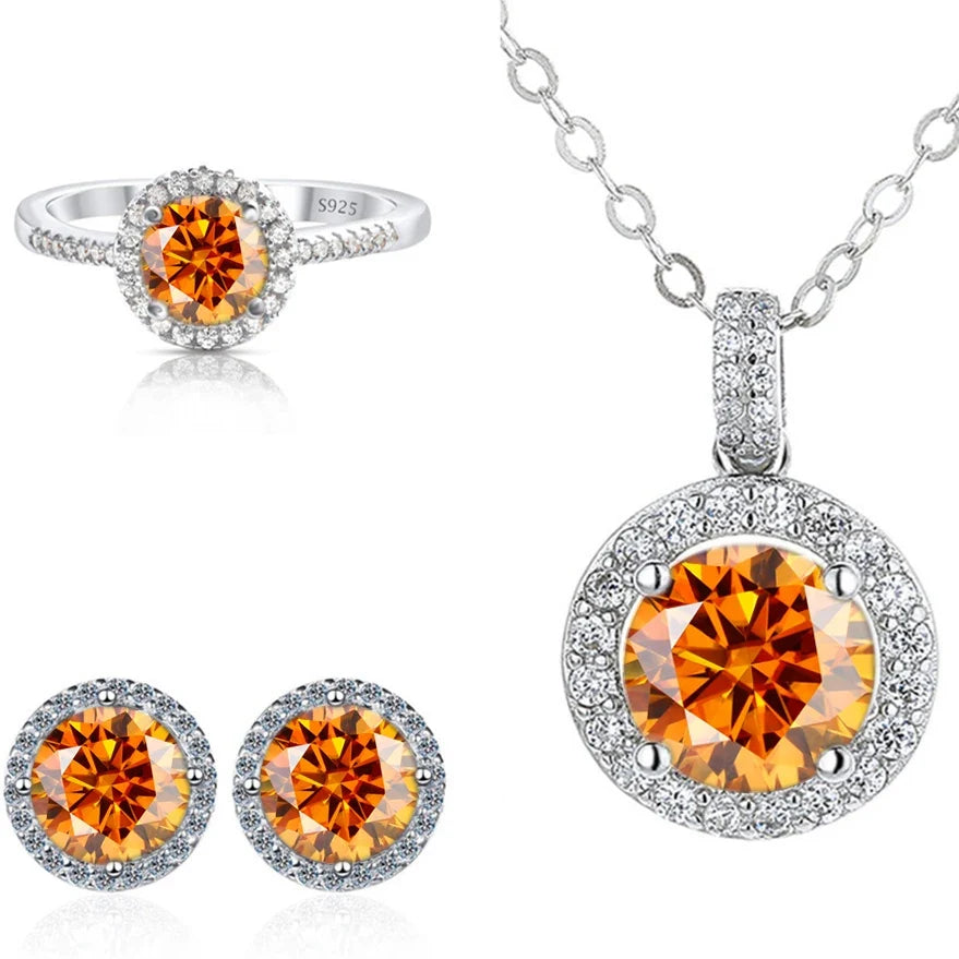 Round Halo Moissanite Necklace, Stud Earrings & Ring Set