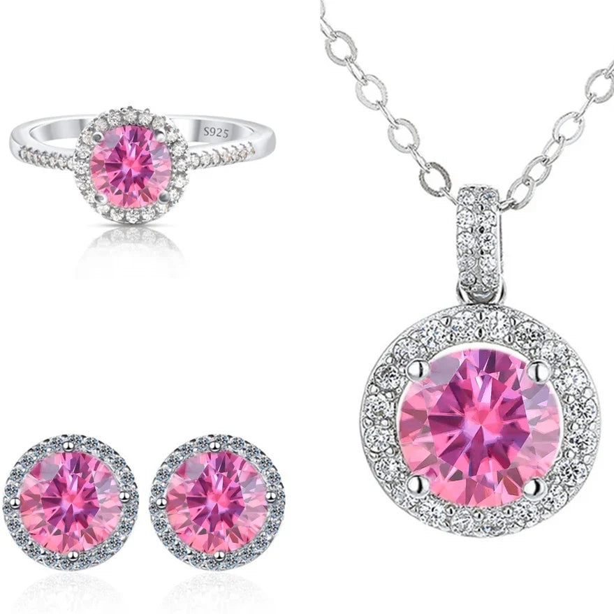 Round Halo Moissanite Necklace, Stud Earrings & Ring Set