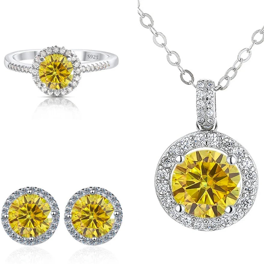 Round Halo Moissanite Necklace, Stud Earrings & Ring Set
