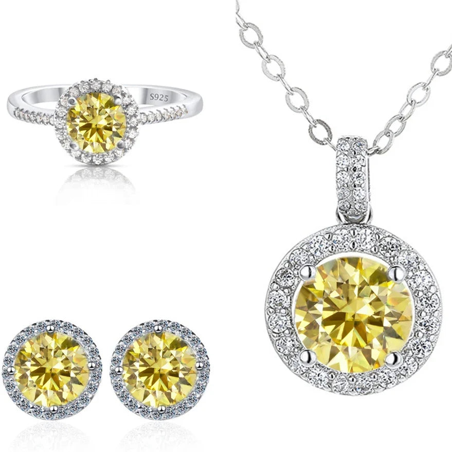 Round Halo Moissanite Necklace, Stud Earrings & Ring Set