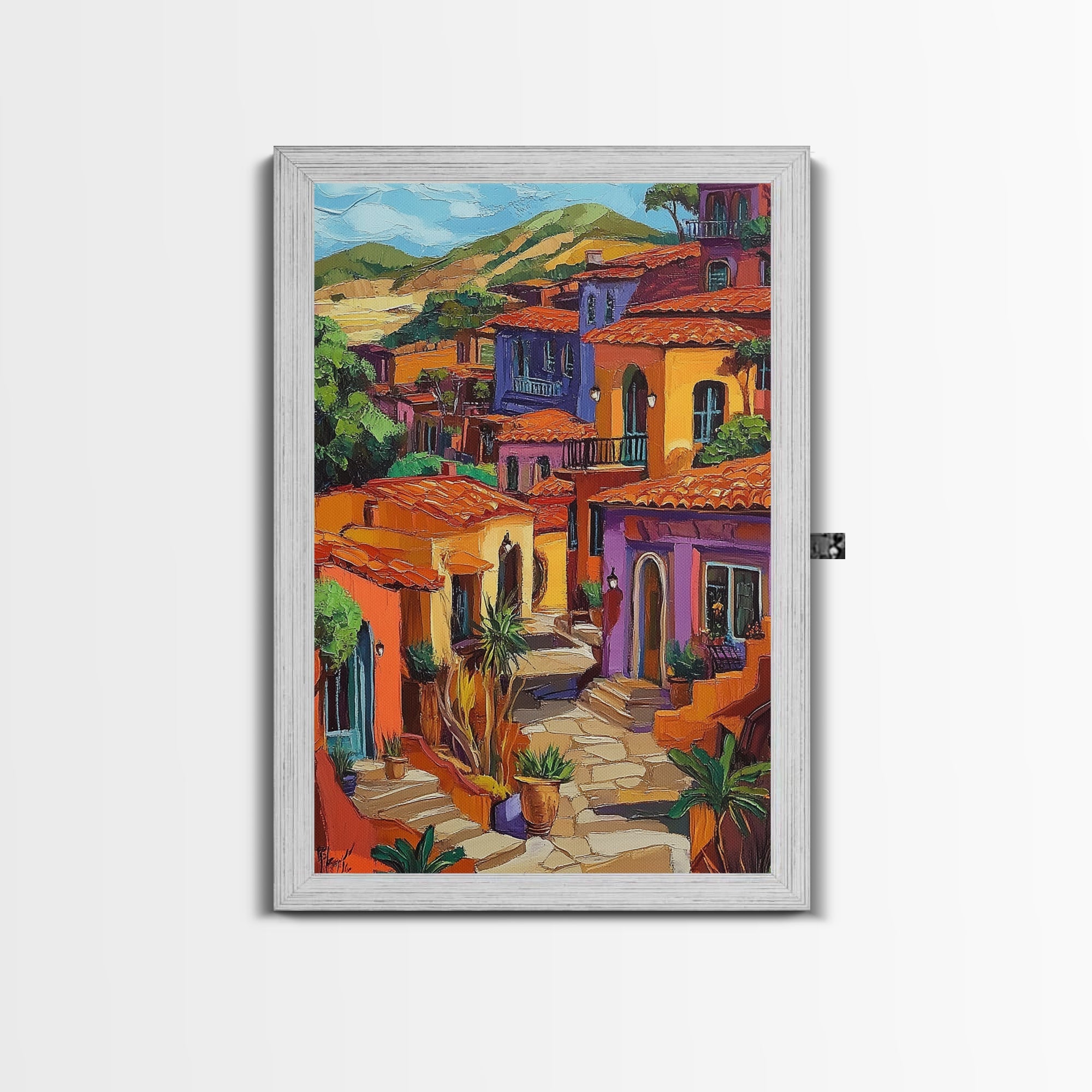 Village Warm Colorful, Spanish, Framed Canvas Print colorful village scene, rustic Mediterranean decor, patio wall art, boho sunset print