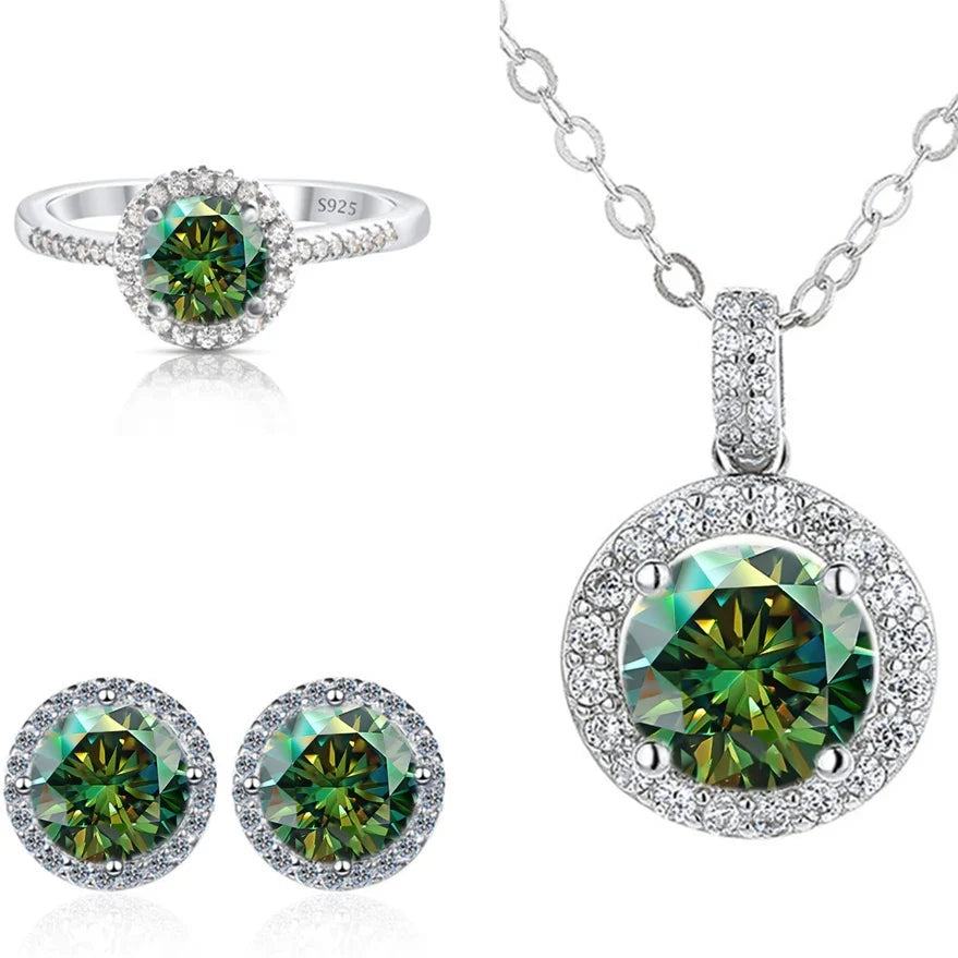 Round Halo Moissanite Necklace, Stud Earrings & Ring Set