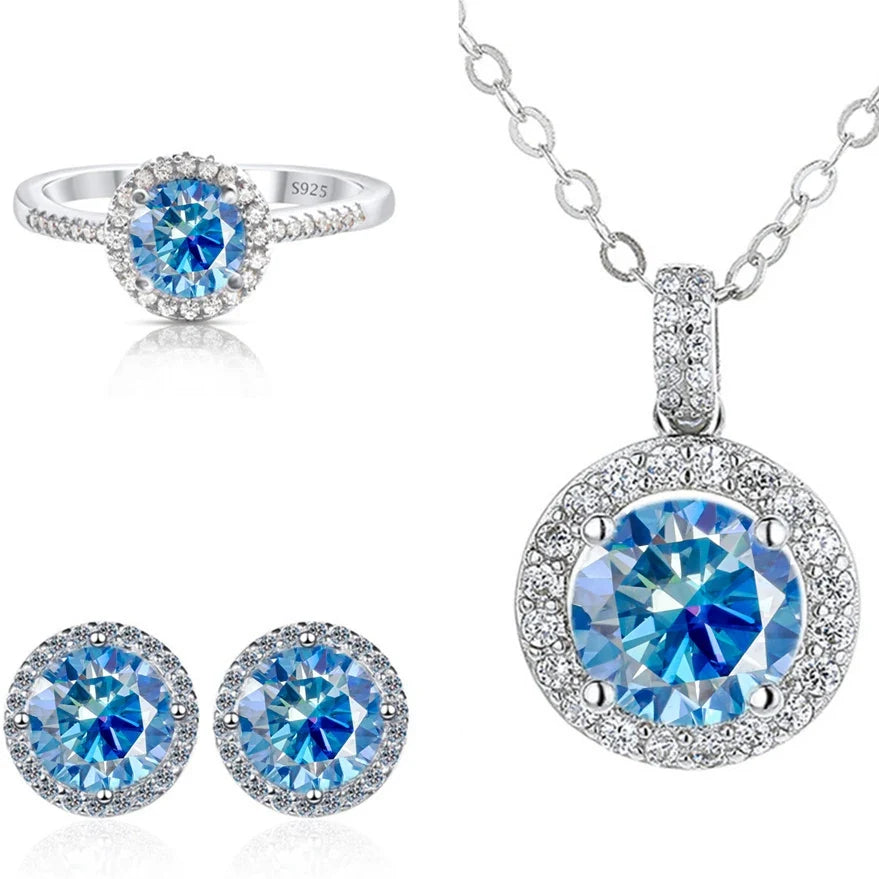 Round Halo Moissanite Necklace, Stud Earrings & Ring Set