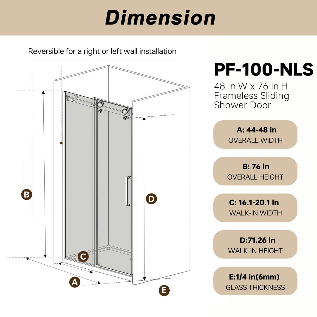 Frameless Single Sliding Shower Door - 48"W x 76"H