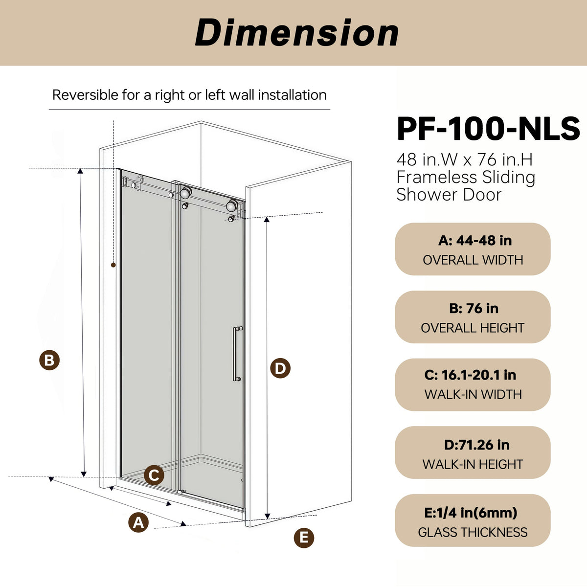 Frameless Single Sliding Shower Door - 48"W x 76"H