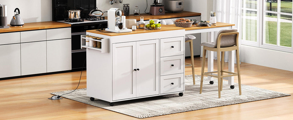 Kitchen Island with Extendable Dining Table and Power Outlet - White