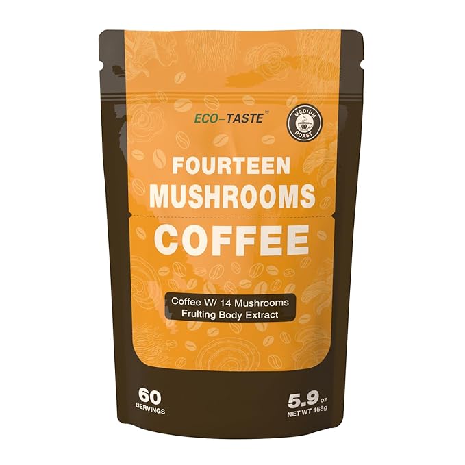 Mushrooms Coffee 14 in 1-60 Servings, Arabica Coffee with Lion's Mane, Reishi, Maitake, Turkey Tail, Chaga Fruiting Body Extract, 30% Beta-Glucan for Focus & Gut Health Support, 5.9oz