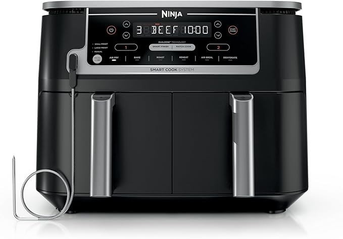 Ninja Foodi 10QT 6-in-1 DualZone Smart XL Air Fryer, 2 Independent 5QT Baskets, Smart Cook Thermometer, Match Cook, Smart Finish, Air Fry, Roast, Bake, Dehydrate, Reheat, Grey, DZ550