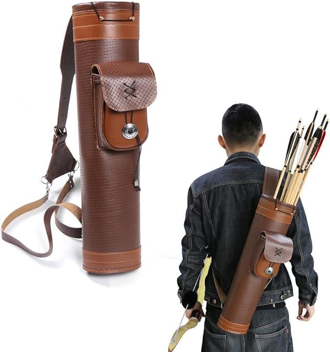 TOPARCHERY Traditional Shoulder Back Quiver Bow Leather Arrow Holder with Large Pouch Handmade Straps Belt Bag Brown