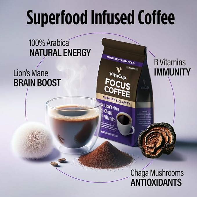 VitaCup Focus Mushroom Coffee Grounds, with Lions Mane, Chaga, B Vitamins, D3, Boost Focus, Immunity, Memory & Clarity, Medium Dark Roast, 100% Arabica Specialty, 20oz, 52 Servings