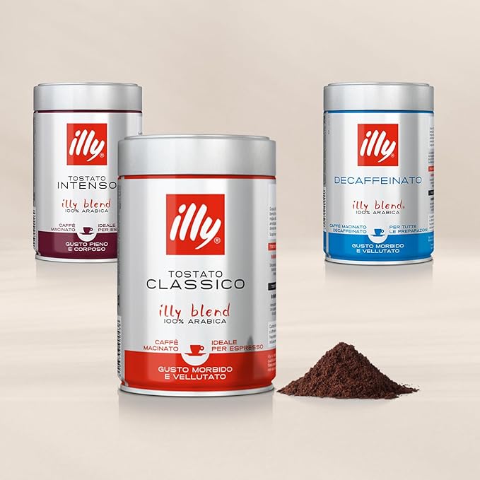 illy Ground Coffee Espresso - 100% Arabica Beans – Classico Decaf Roast - Notes of Caramel, Toasted Bread & Chocolate - Rich Aromatic Profile - No Preservatives – 8.8 Ounce