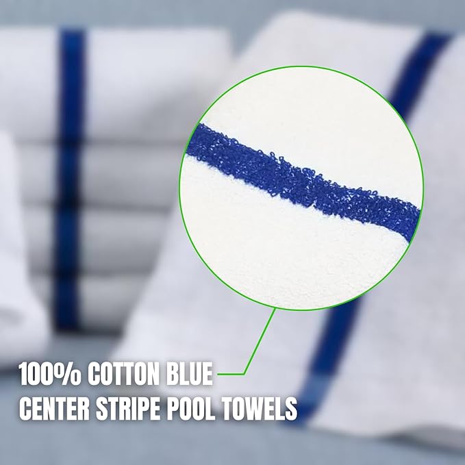 Towels N More 24x48 Soft Poolside Towels - 24 Large Super Absorbent Pool Towel White and Blue Center Stripe - Ideal for Home, Pool, Spa, Gym, Hotel, Motel Rental Room Use - 100% Cotton Bath Towels