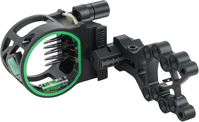 Archery 5-Pin Bow Sight - 0.019" Fiber, Brass Pin, Aluminum Machined - Right and Left Handed, with Hi-Vis Level for Archery, Hunting, Shooting