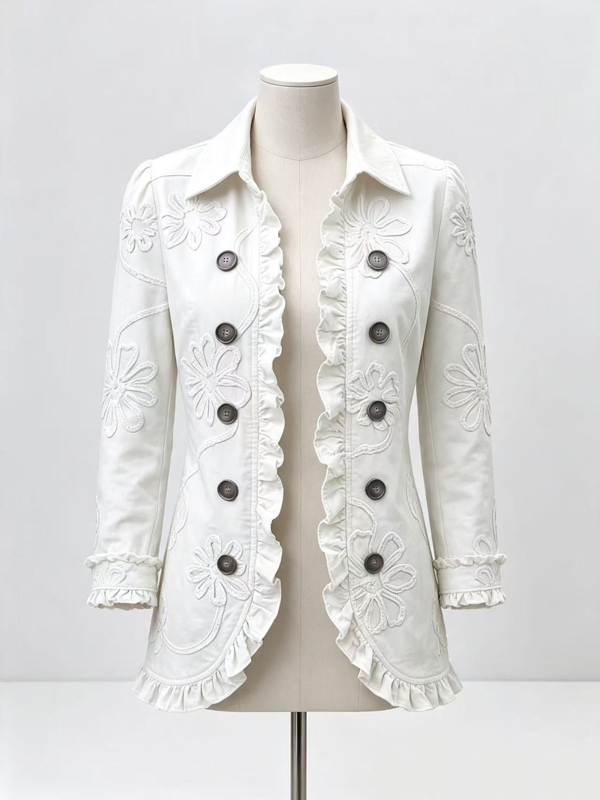 Floral Embroidered Ruffle Trim Double-Breasted Boho Cardigans