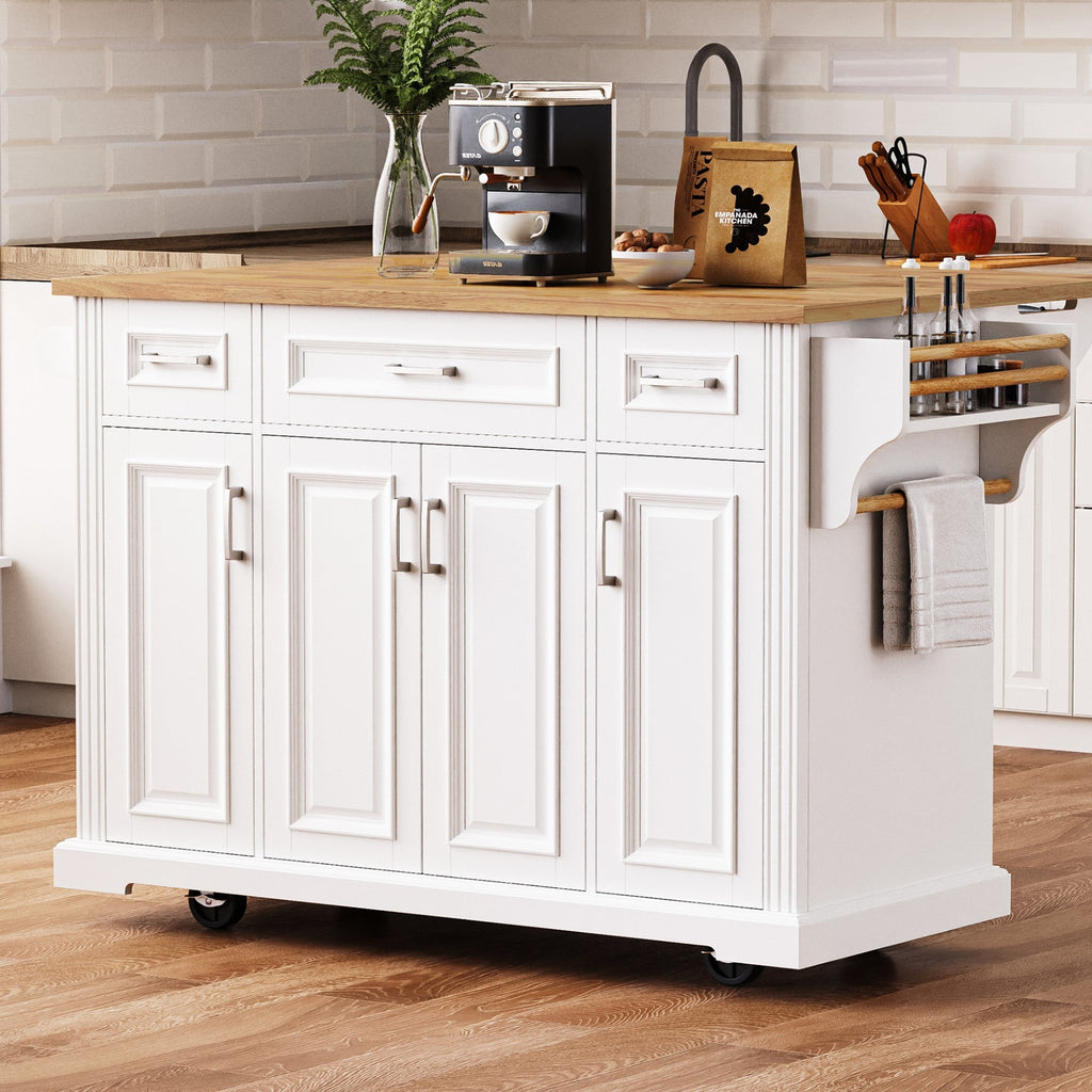 54-Inch Large Kitchen Island with Drop Leaf and Storage - White