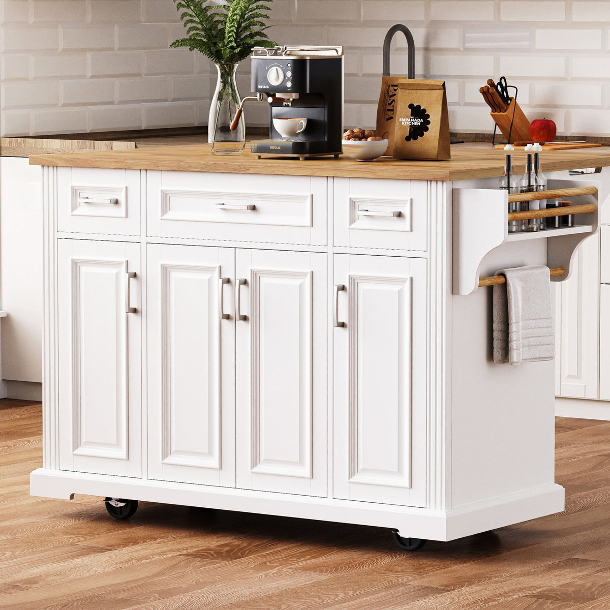 54-Inch Large Kitchen Island with Drop Leaf and Storage - White
