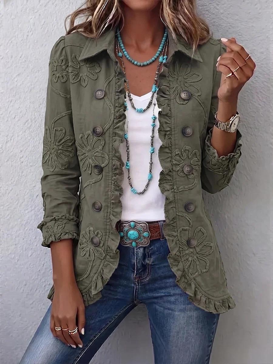 Floral Embroidered Ruffle Trim Double-Breasted Boho Cardigans